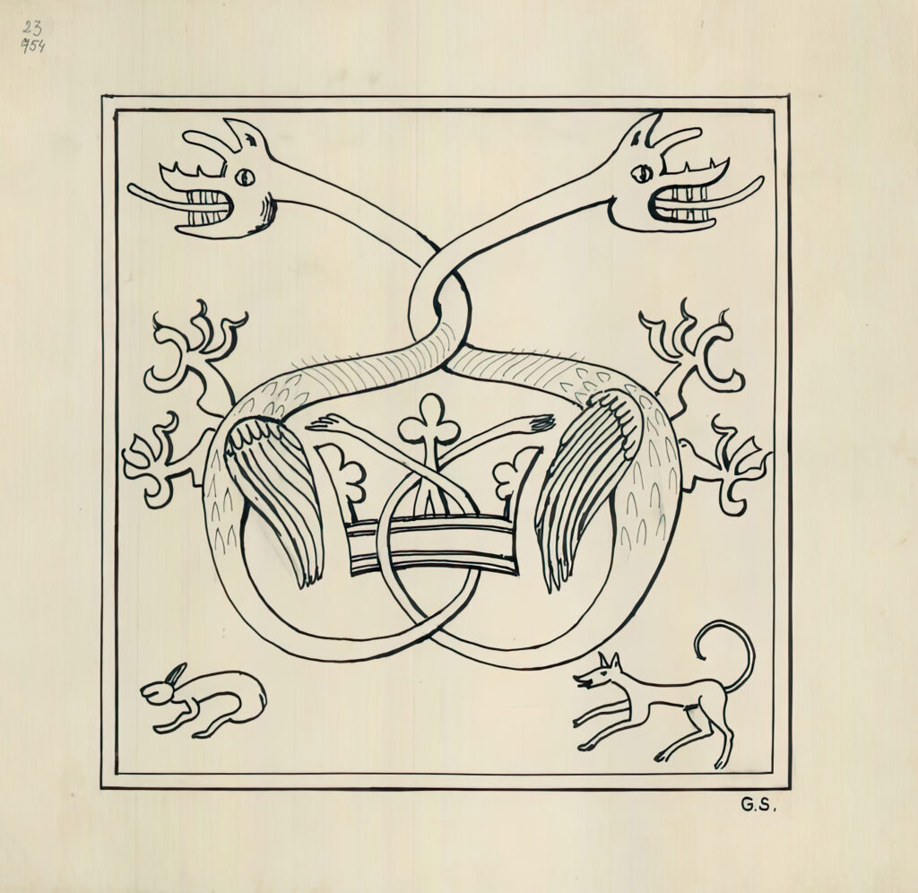 Garády Sándor: Sárkányos kályhacsempe rekonstrukciós rajza a nyéki királyi vadászkastélyból