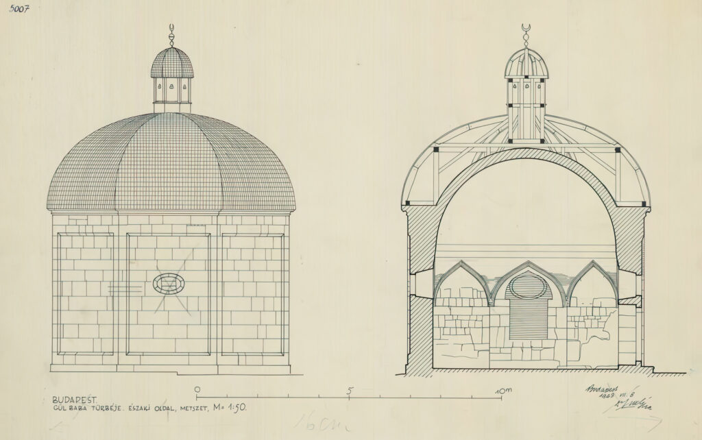 Lux Géza: A Gül baba türbe északi oldalának homlokzati rajza és metszete. 1943.07.08.