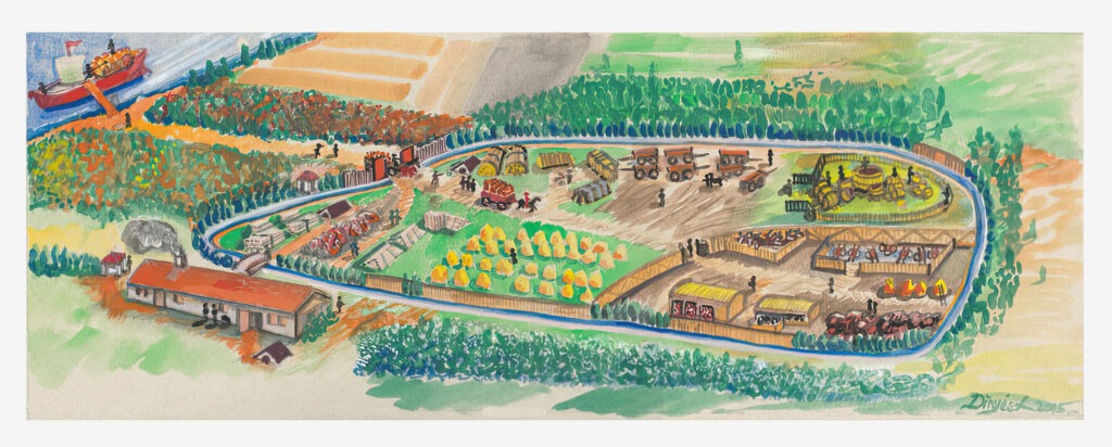 Dinyés László: Rekonstrukciós rajz az óbudai Hajógyári-szigeten előkerült középkori birtokközpontról. 2015